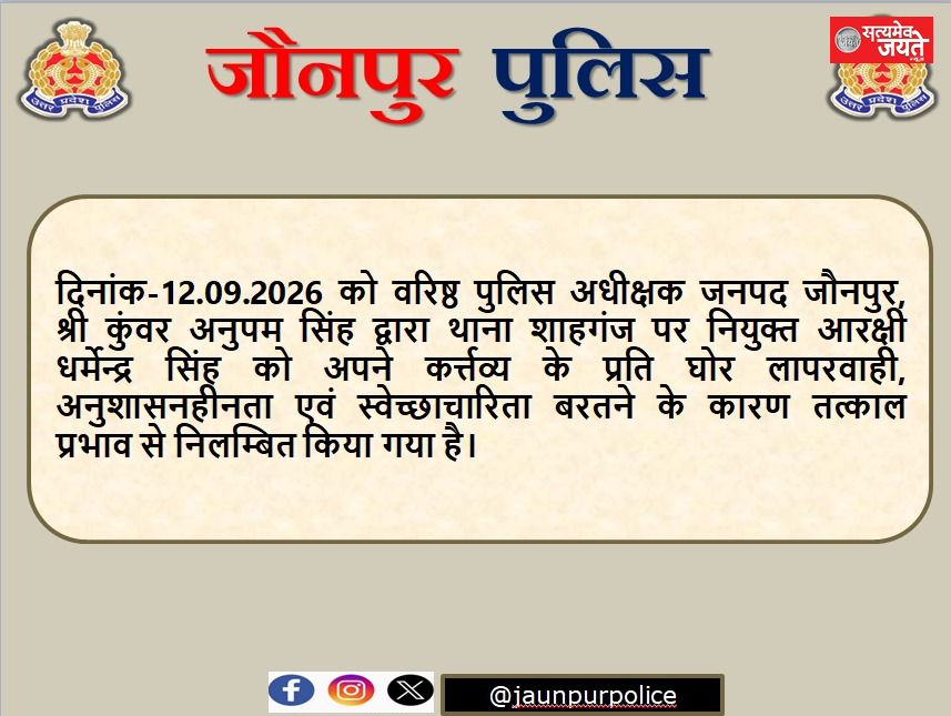 लापरवाही पर शाहगंज थाने के आरक्षी धर्मेंद्र सिंह निलंबित