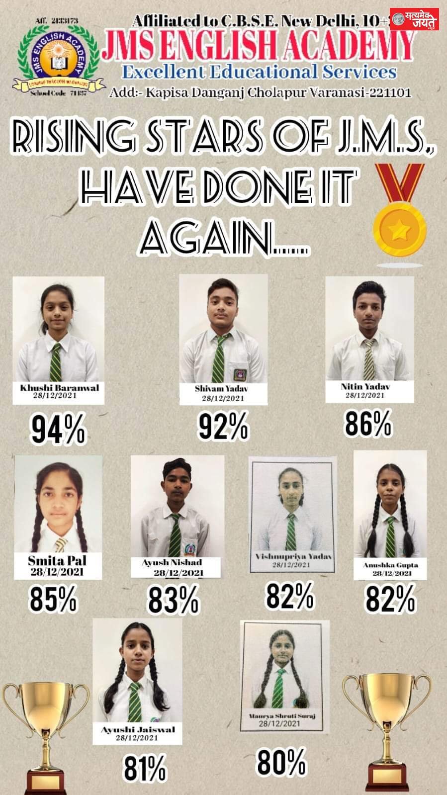 वाराणासी चोलापुर स्थित JMS एकेडमी के बच्चों ने पूरे प्रदेश में  सीबीएसई बोर्ड परीक्षा फल में नाम किया रोशन